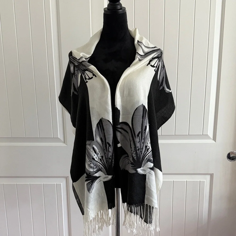 Pashmina Black and White Floral Scarf 70x26”